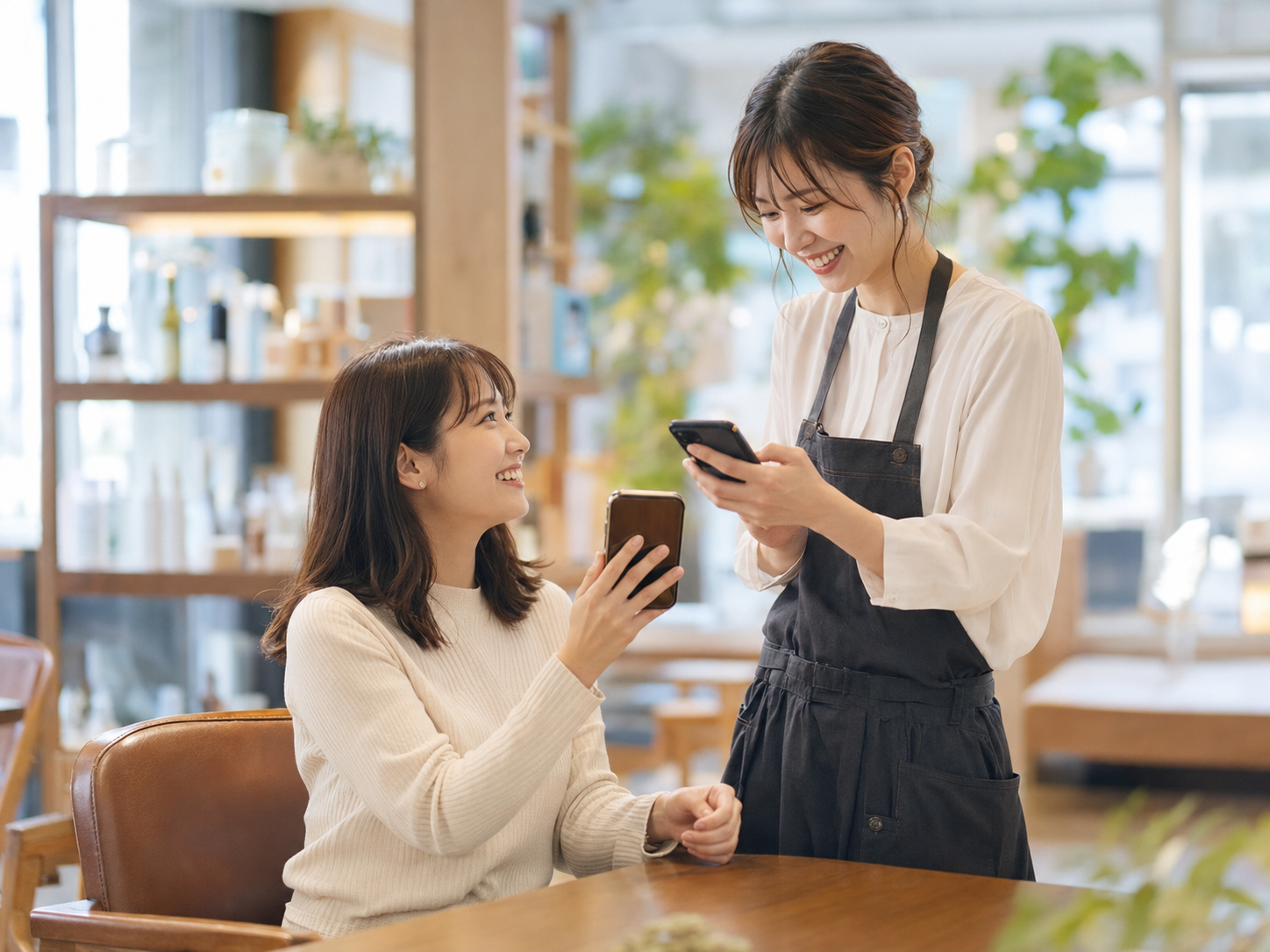 店内でスマートフォンのクーポン画面を店員に見せる様子