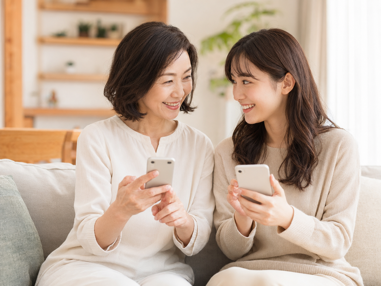 自宅でスマートフォンのクーポンを家族に見せ合う様子