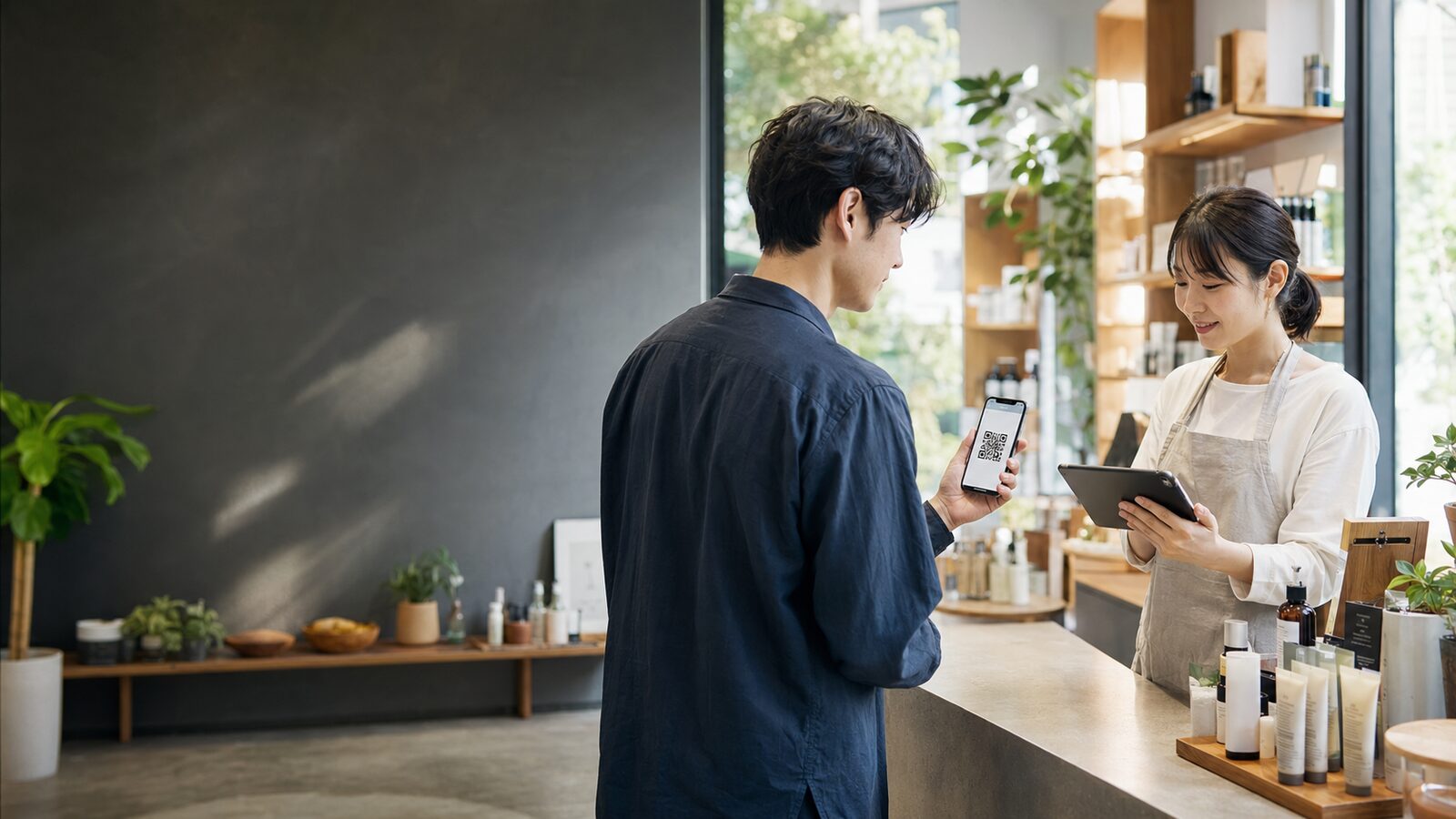 店頭でスマートフォンのクーポンQRを店員に提示する様子
